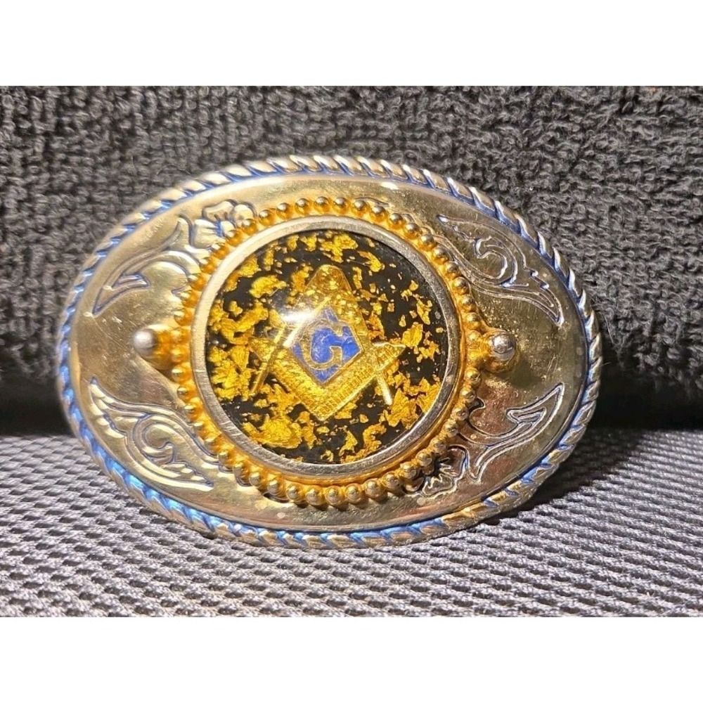 Masonic Silver Belt Buckle With Black Back Ground & Gold Flakes
